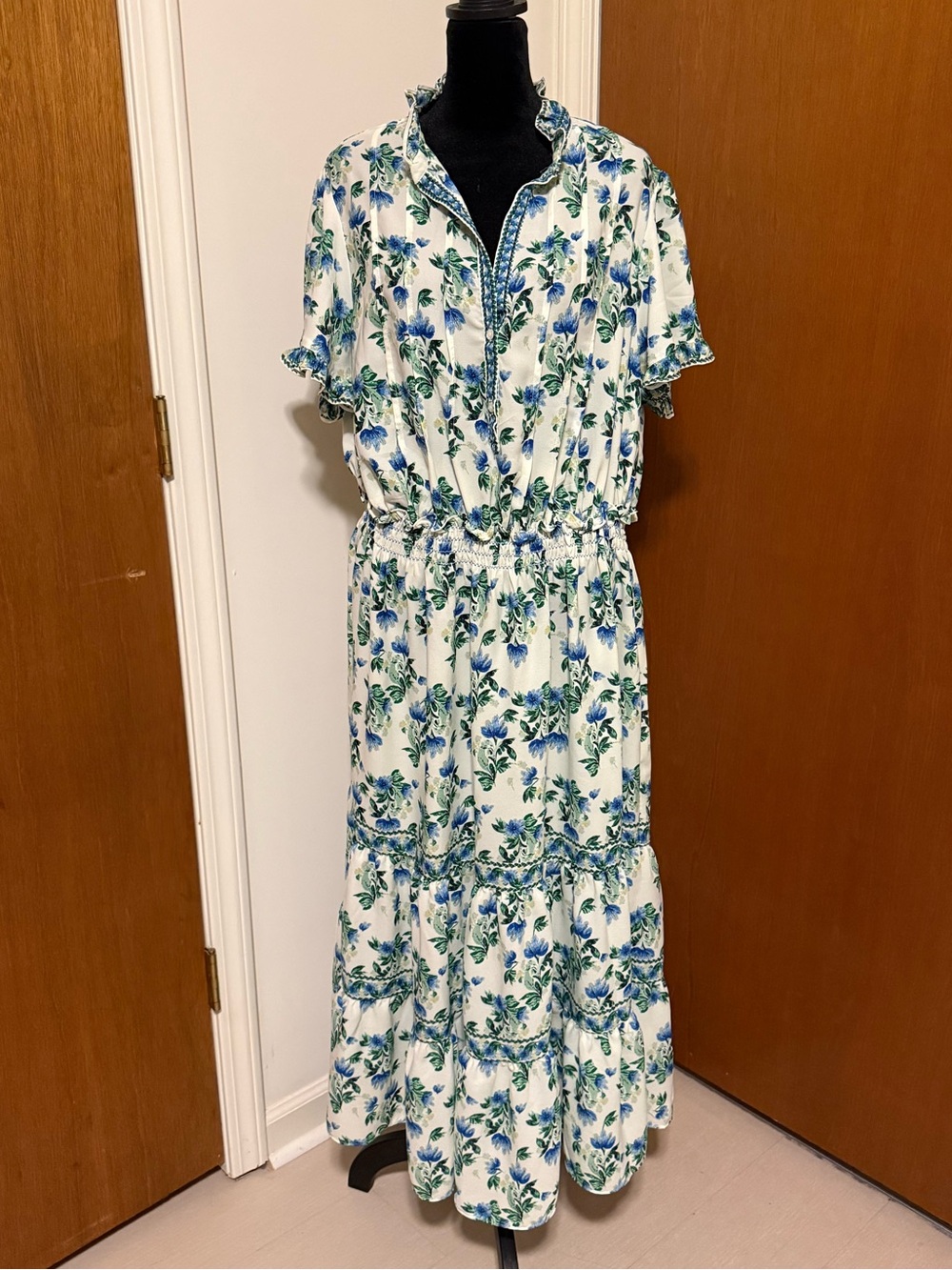 Max Studio White Maxi Dress with Blue and Green Floral Print